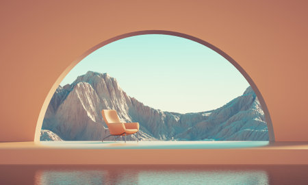Minimalism design of a terrace with a chair in front of an arcade with a view to a moutain . This is a 3d render illustration.の写真素材