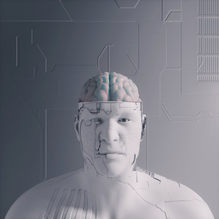 Robot with human brain on futuristic white background . Machine learning and robotics concept . This is a 3d render illustration.の写真素材