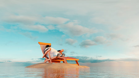 Penguin relaxing on chair at a small island . Travel and vacation concept . This is a 3d render illustration .の写真素材