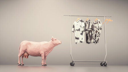 Cow looking at t shirts . Fashion and style concept . This is a 3d render illustration .の写真素材