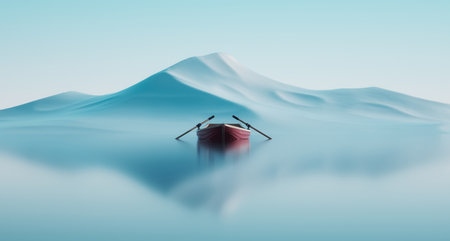 Red boat in a lake by an abstract landscape . This is a 3d render illustration.の写真素材