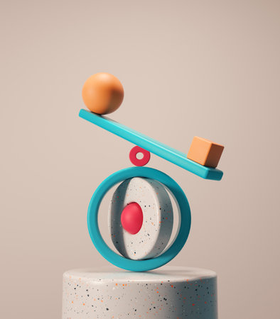 Primitive elements in balance . Confidence and impossible balance concept . This is a 3d render illustration .の写真素材