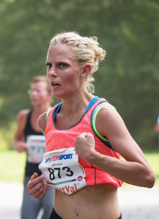 STOCKHOLM SEPTEMBER 06 2014. TJEJMILEN.  A running race each year in Stockholm with only female participants. Karin Saxen.のeditorial素材