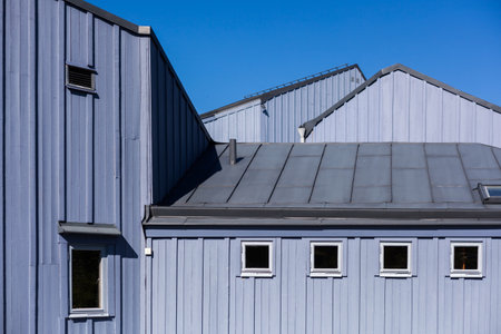 SODERTALJE, SEPTEMBER 03, 2014: Ytterjarna Sweden. Buildings in blue, with blue sky,のeditorial素材