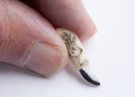 STOCKHOLM, SWEDEN, June 13, 2014: A very small handmade knife in bone and metal. Signed with the AO-01 and with an image of deer on the handle.のeditorial素材