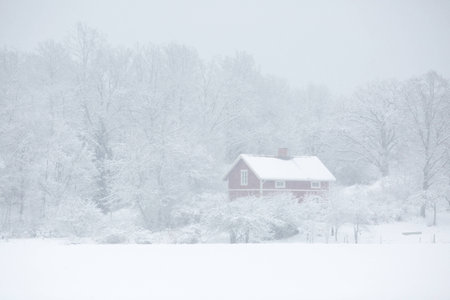 A little red cottage in snowy winter weatherのeditorial素材