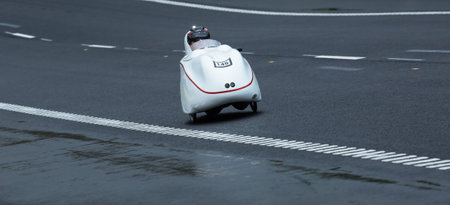 TROSA SWEDEN, May 17, 2015, biker on tour in a Velomobile. A man on a bike ride in an unusual...