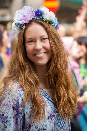 STOCKHOLM, SWEDEN - MAY 31, 2015. Peace and Love Parade. Street party in Stockholm, Dancing young woman.のeditorial素材