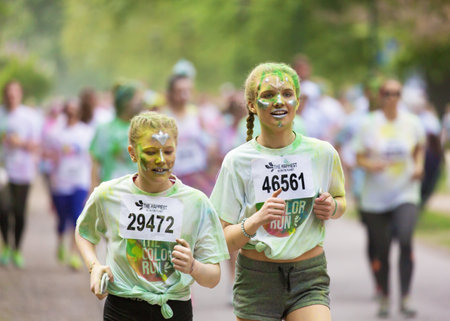 STOCKHOLM, SWEDEN  MAY 22 2016. Stockholm Color Run in Tantolunden on May 22, 2016. An annual event with many happy participants.のeditorial素材