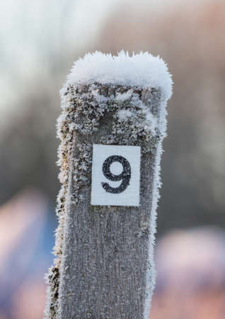 Digit number nine on a pole on a frosty winter day.の写真素材
