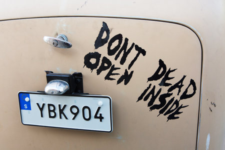 TROSA SWEDEN July 7 2016.  Ford Anglia model year 1952. With the text written on the tailgate, (dont dead open inside).のeditorial素材