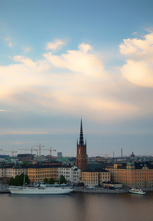 STOCKHOLM SWEDEN; 7 june 2017. View of Riddarholmen and Riddarholms Church. Evening image at sunset.のeditorial素材