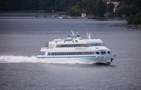 STOCKHOLM SWEDEN 26 July 2017. Small fast-going passenger boat, which transports passengers to the islands of Stockholm's Archipelago.のeditorial素材