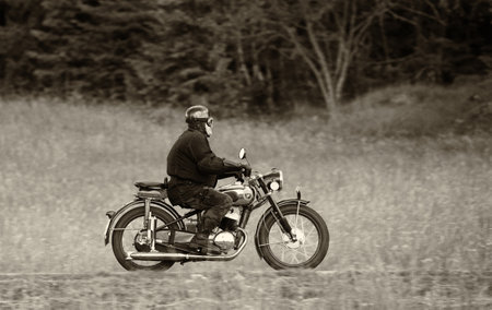 TROSA SWEDEN June 22, 2017. FRAM motorcycle driving at high speed. black and white.のeditorial素材
