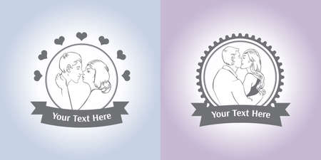 Valentine day badges with linear style retro couple kissingのイラスト素材