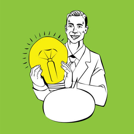 Comic style vintage design wih speech buble with man holding a lamp. Modern retro comis style illustration for web banners, sliders, printed materialsのイラスト素材