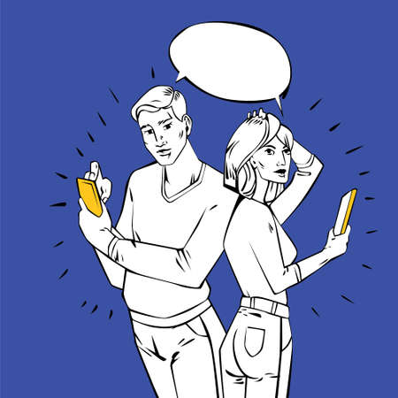 Comic style vintage design wih speech buble with pair using mobile devices. Modern retro comis style illustration for web banners, sliders, printed materialsのイラスト素材