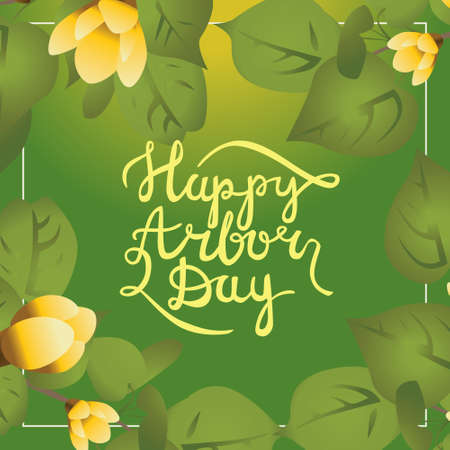 Postcard with calligraphy words Happy arbor day . Design gave leafs and watering canのイラスト素材