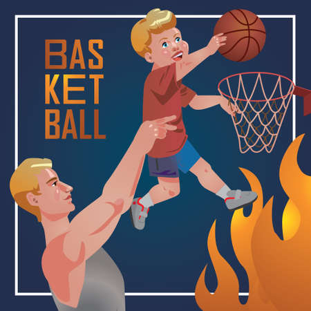 Postcard with Children sport with parents and word Basketball . Design have Children sport with parentsのイラスト素材