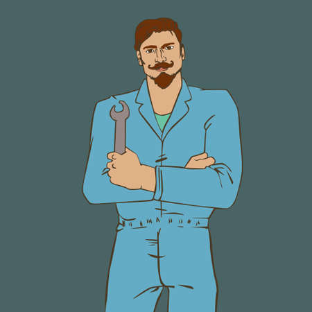 illustration with hipster man Auto Mechanic in cool retro styleのイラスト素材
