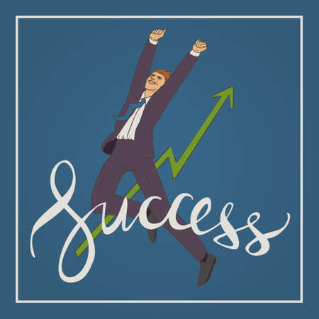 illustration with man jumping up and happy with handwriting lettering word successのイラスト素材