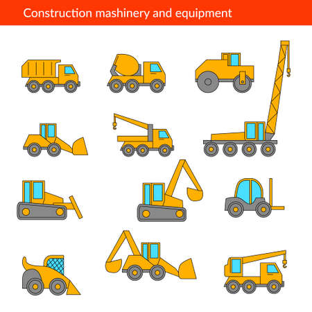 Construction machines thin icons. Vector line icons of building machinery.のイラスト素材