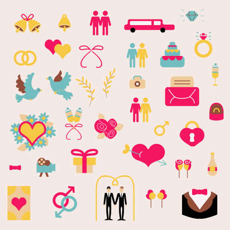 Marriage set of vector icons and wedding elements for gay date and weddingのイラスト素材