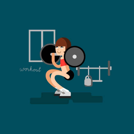 Sport woman doing workout at flat vector fitness illustration. Art have calligraphy word workoutのイラスト素材