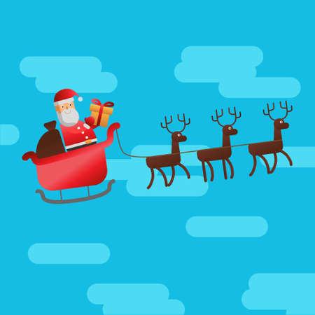 Vector flat style illustration for Christmas holidays. Santa in his sleigh flying through the sky with giftsのイラスト素材
