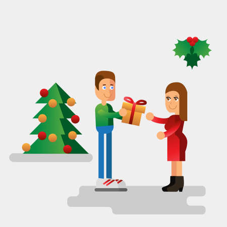 Vector flat style illustration for Christmas holidays. Man giving a gift for woman near omela and christmas treeのイラスト素材