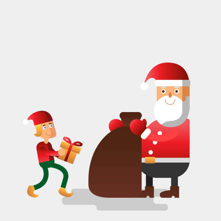 Vector flat style illustration for Christmas holidays. Elf giving a gift for Santa holding a bagのイラスト素材