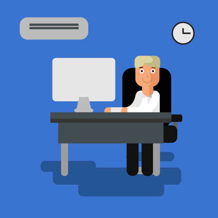 Flat modern vector illustration with office life. Man at work place working at computerのイラスト素材