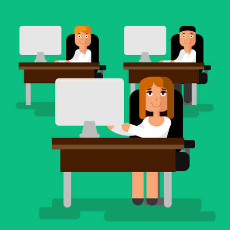 Flat modern vector illustration with office life. Woman at work place working at computer with teamのイラスト素材