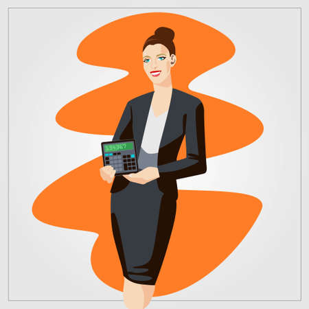 Vector business finance illustration with woman showing calculator in the office. Comic style artworkのイラスト素材