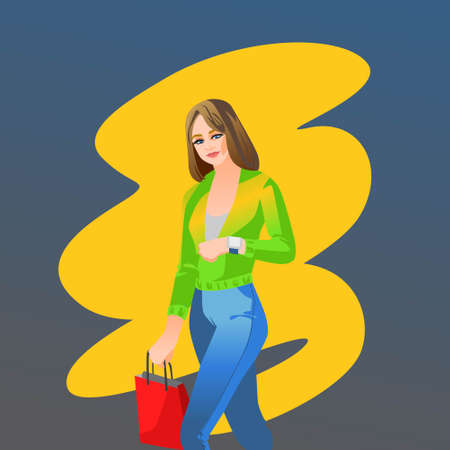 Vector illustration concept for smart watches theme with shopping womanのイラスト素材