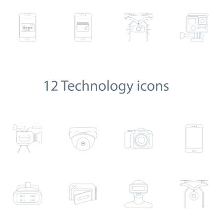 Vector illustration icons set of 12 techology images in outline styleのイラスト素材