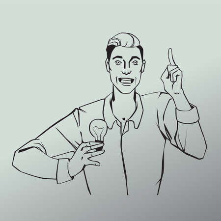 Vector illustration of man with lamp showing finger up and says idea in line art comic styleのイラスト素材