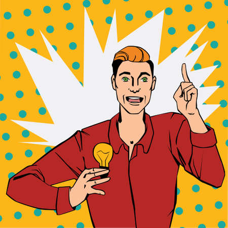 Vector illustration of man with lamp showing finger up and says idea in pop art comic styleのイラスト素材