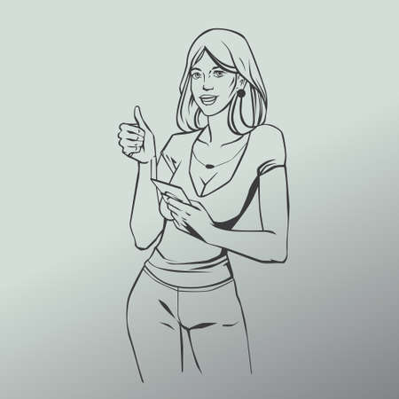 Vector illustration of woman with smart phone thumbs up and smiling in pop art comic styleのイラスト素材