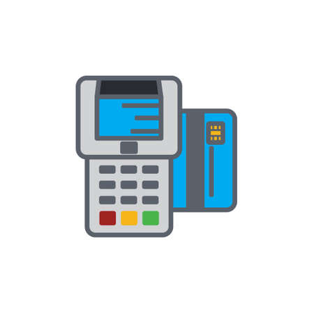 Vector icon or illustration showing payment with terminal and credit card in outline styleのイラスト素材