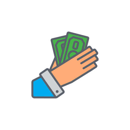 Vector icon or illustration showing buying with man hand and cash in black color style on white backgroundのイラスト素材