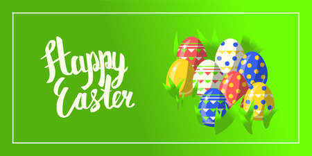 Vector greeting card for happy easter with hand lettering calligraphy and Illustrations in landscape compositionのイラスト素材