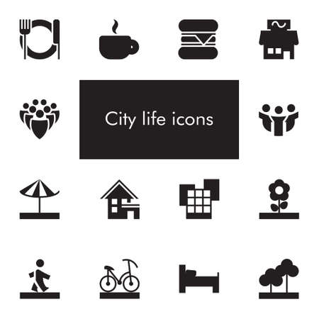 Vector set of 14 icons showing city life in one colorのイラスト素材
