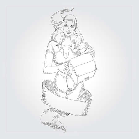 Vector vintage badge or logotype with woman courierのイラスト素材