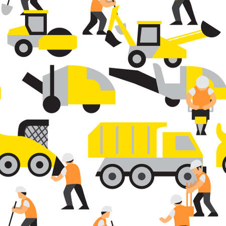 Vector illustration road or construction work elements seamless pattern included workers peopleのイラスト素材