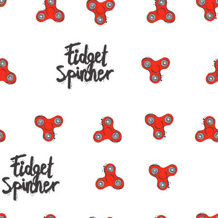Seamless vector pattern with fidget spinner text hand lettering calligraphy and hand drawn vector illustrationのイラスト素材