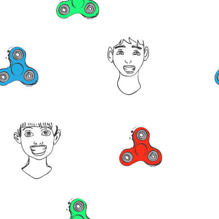 Seamless vector pattern with fidget spinner text hand lettering calligraphy and hand drawn vector illustrationのイラスト素材