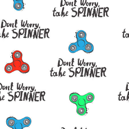 Seamless vector pattern with fidget spinner text hand lettering calligraphy and hand drawn vector illustrationのイラスト素材