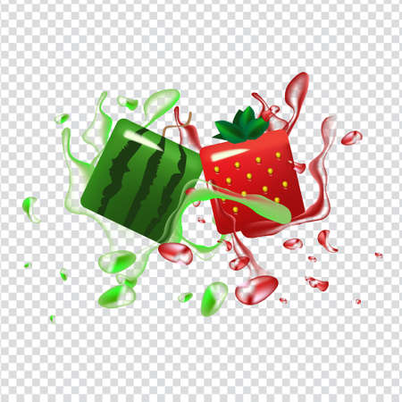 Liquid splash template with box shaped strawberry and watermelonのイラスト素材