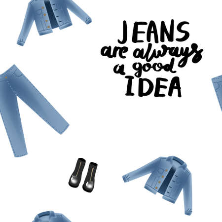 Vector realism pattern with hand drawn realism illustrations modern look jeans denim jacket.のイラスト素材